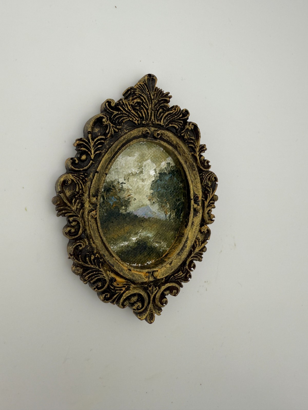 ORIGINAL landscape mini painting in handmade vintage style ornate frame