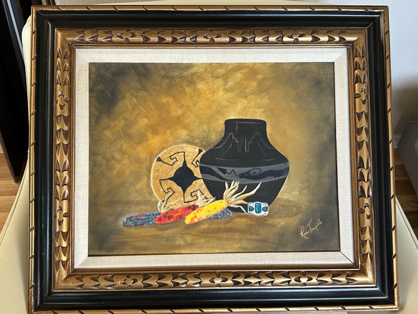 ROSE TRUJILLO SAN ILDEFONSO PUEBLO POT ORIGINAL PAINTING FRAMED 21.75″ X 25.75″