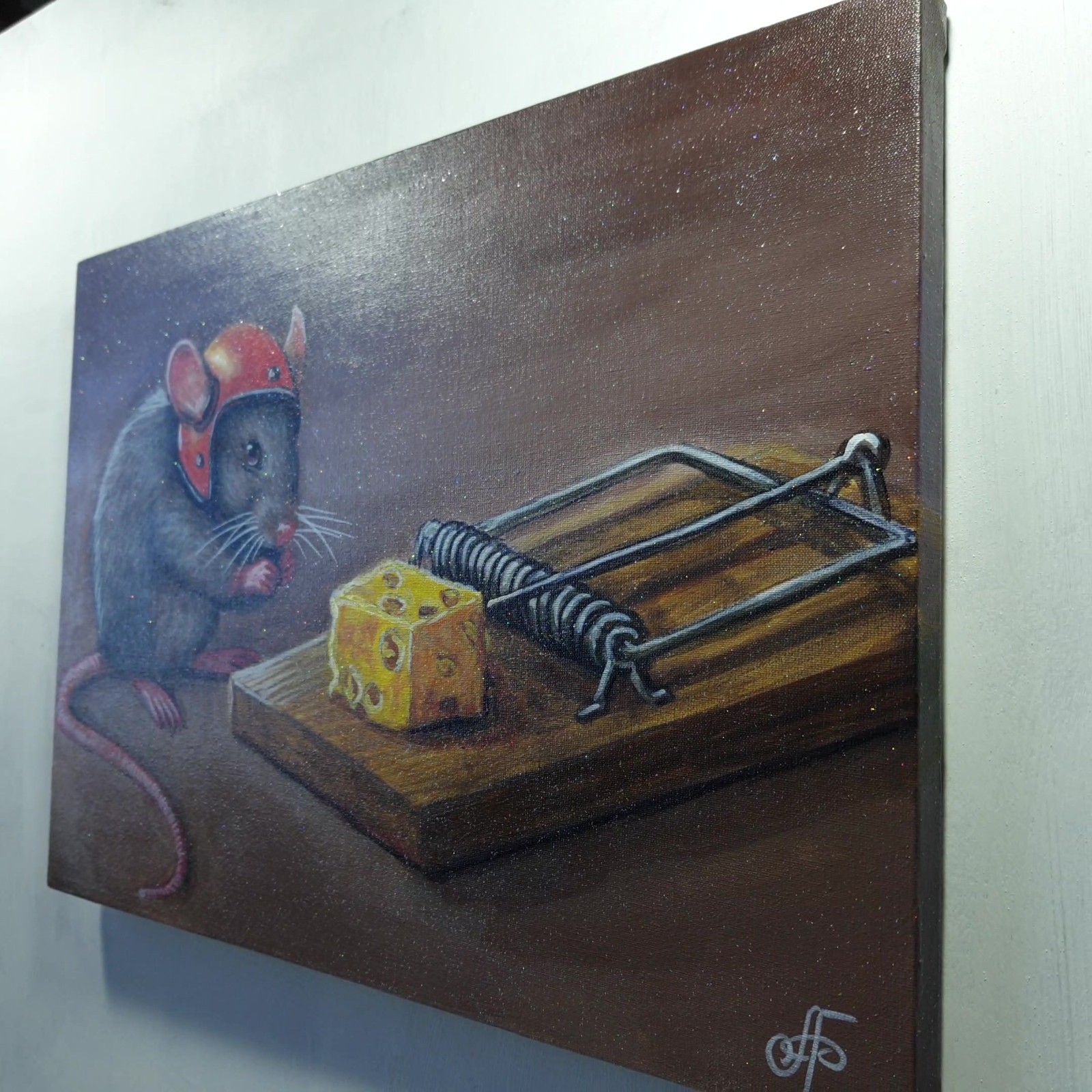 Brave Little Mouse and the Cheese Trap Funny Animal Painting Ukraine Artist