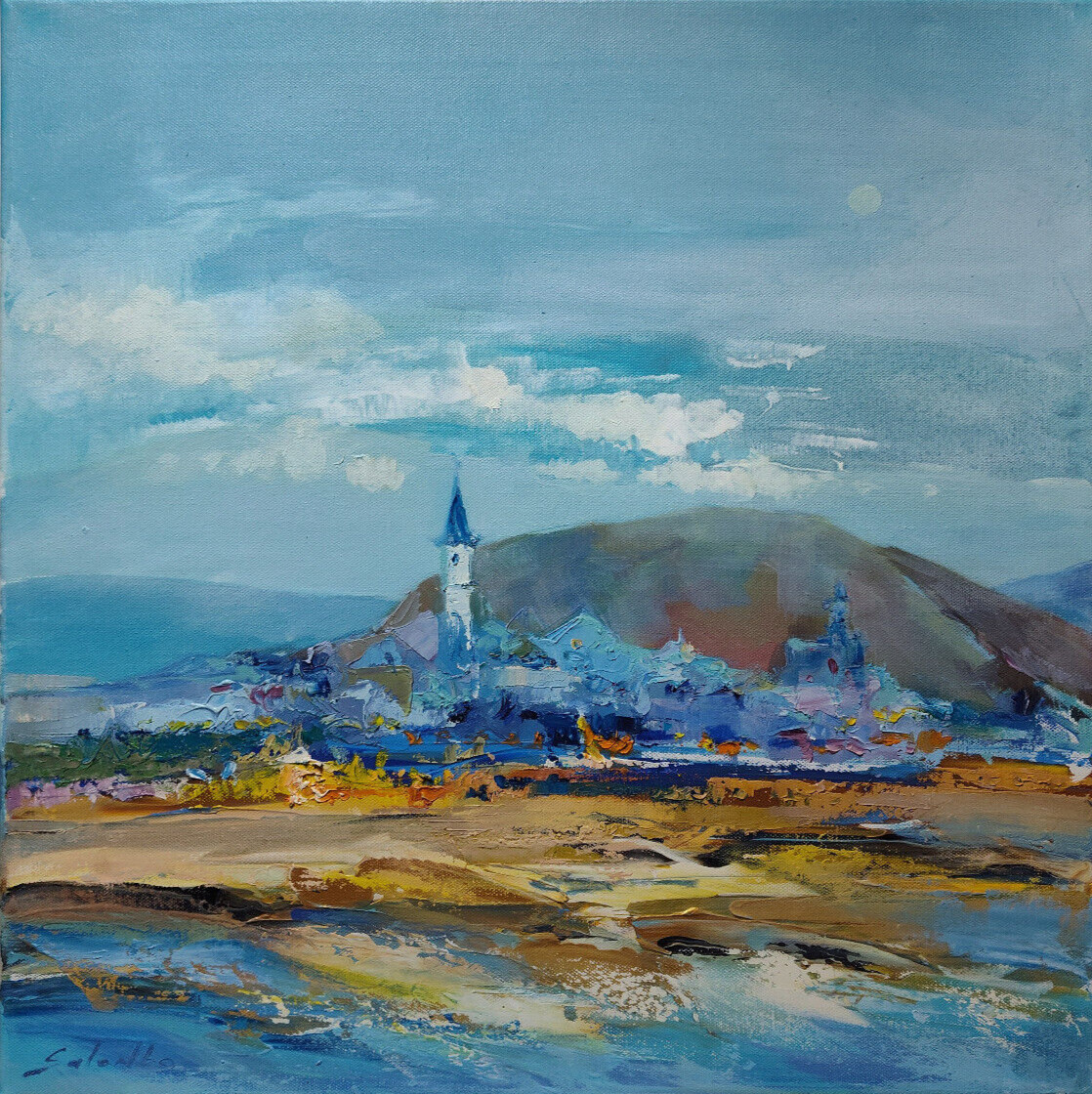 Original oil painting 20″x20″ Landscape, contemporary art, seascape, blue city