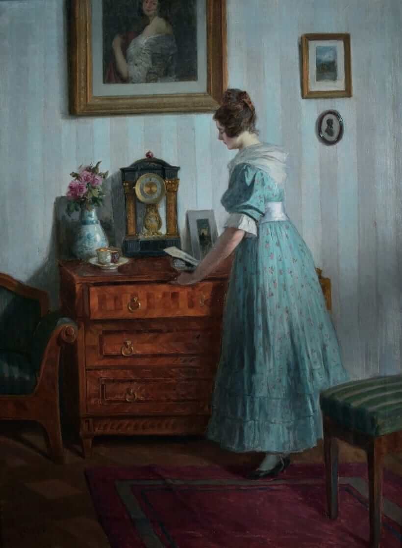 1923 Austrian Woman Interior Scene Oil Painting Signed Robert Scheffer Vienna