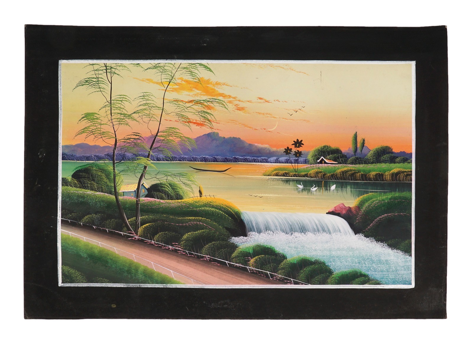 Pradip Acrylic Painting Paper India Landscape Vintage Waterfall Trees Sunset Art