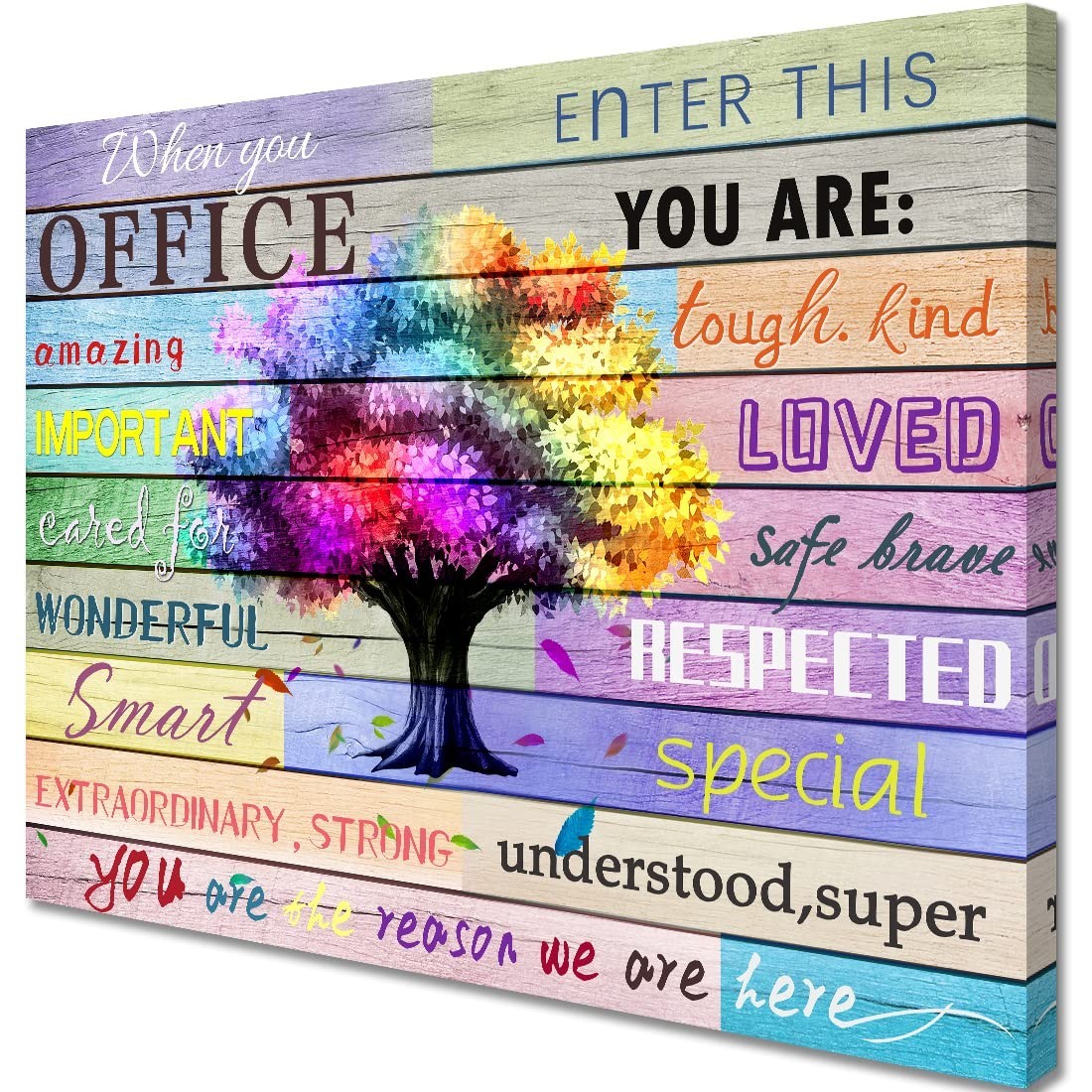 Inspirational Office Motto Wall Art Colorful Tree Canvas Print Framed 12×16″