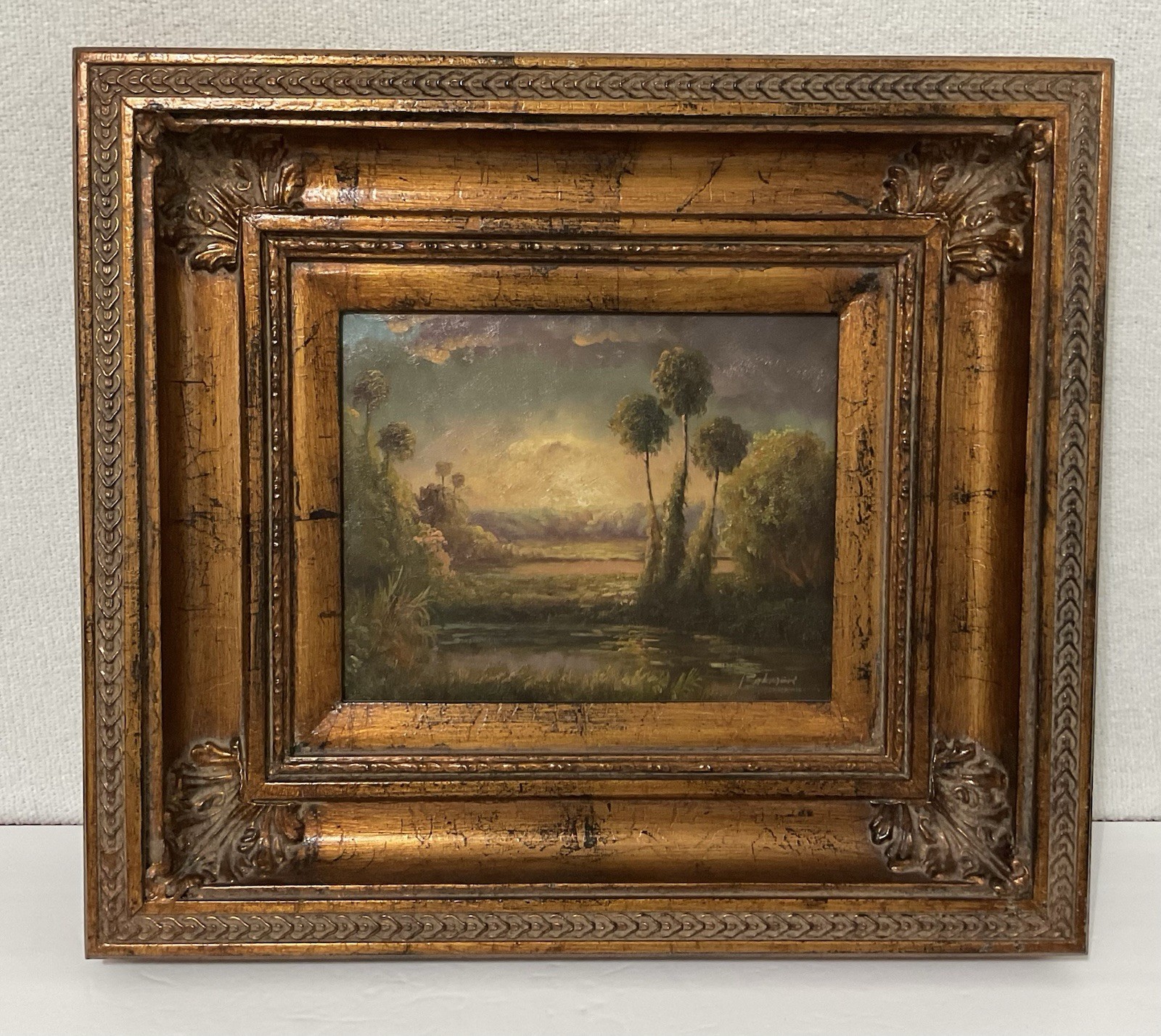 Oil Painting Serene Landscape with Body of Water Frame 18w x 16h Artist Signed