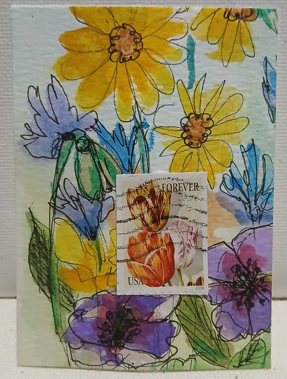 Postal Whimsy Wildflower Garden ACEO w/ Forever Tulip Stamp OOAK