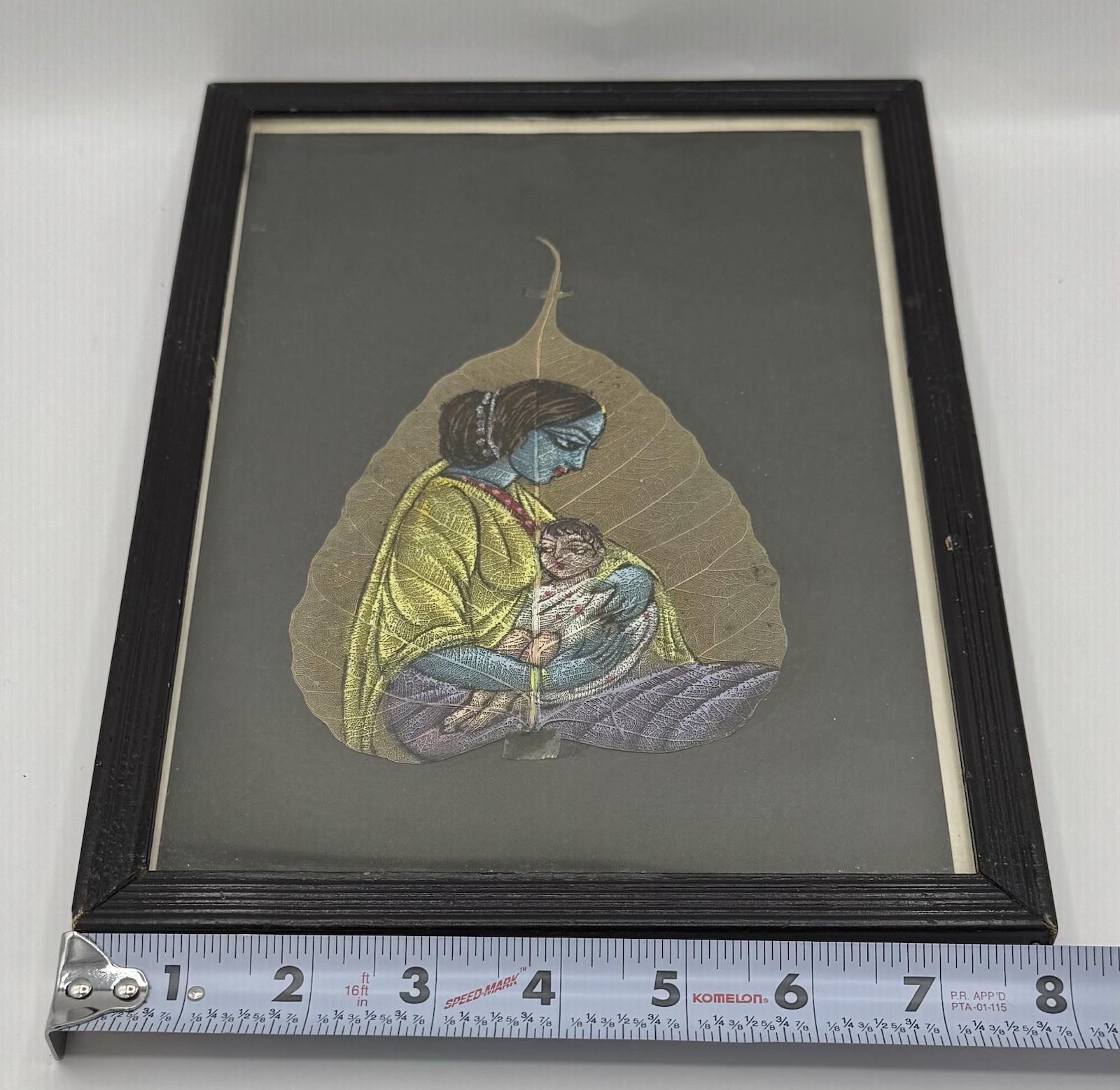Vtg Hand Painted Oil Painting Woman & Child On Pipal Tree Leaf Peepal India