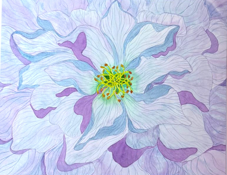 PAINTING WATERCOLOR 11X14 & MAT 16X20 FLOWER PEONY BLUE PURPLE ORIGINAL WALL ART