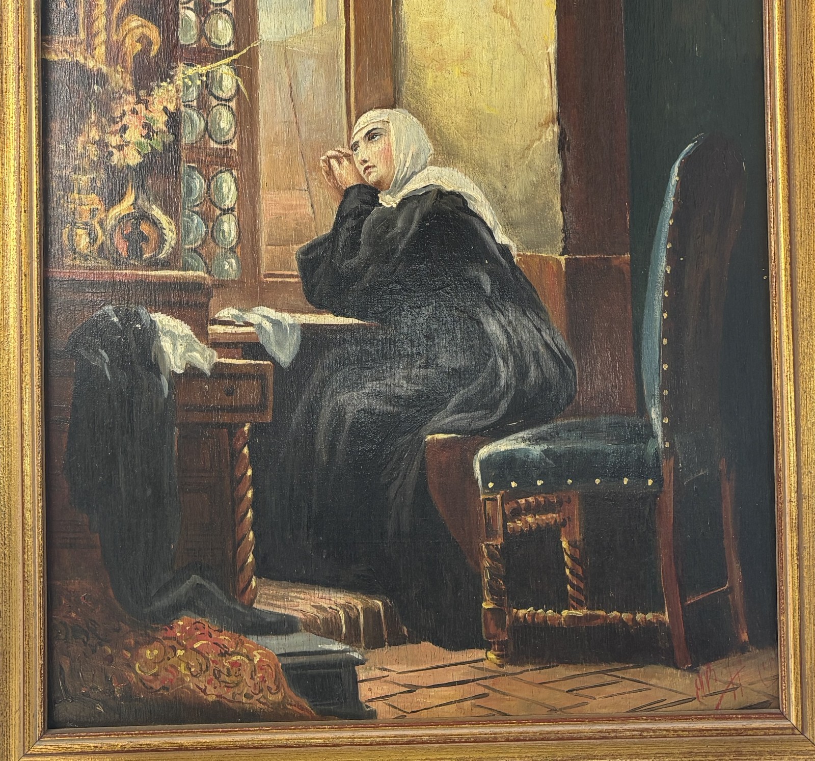 Antique Oil Painting 19th c After Gustav Adolf Kuntz ~ A Greeting From The World