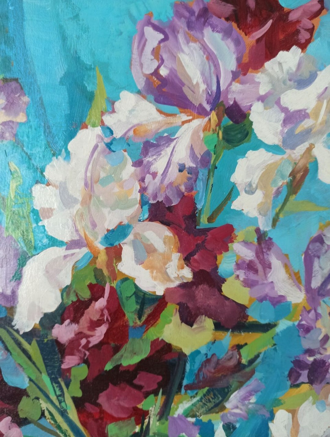 ORIGINAL Painting on canvas Bouquet of Irises Realism 19.68/15.74 inch