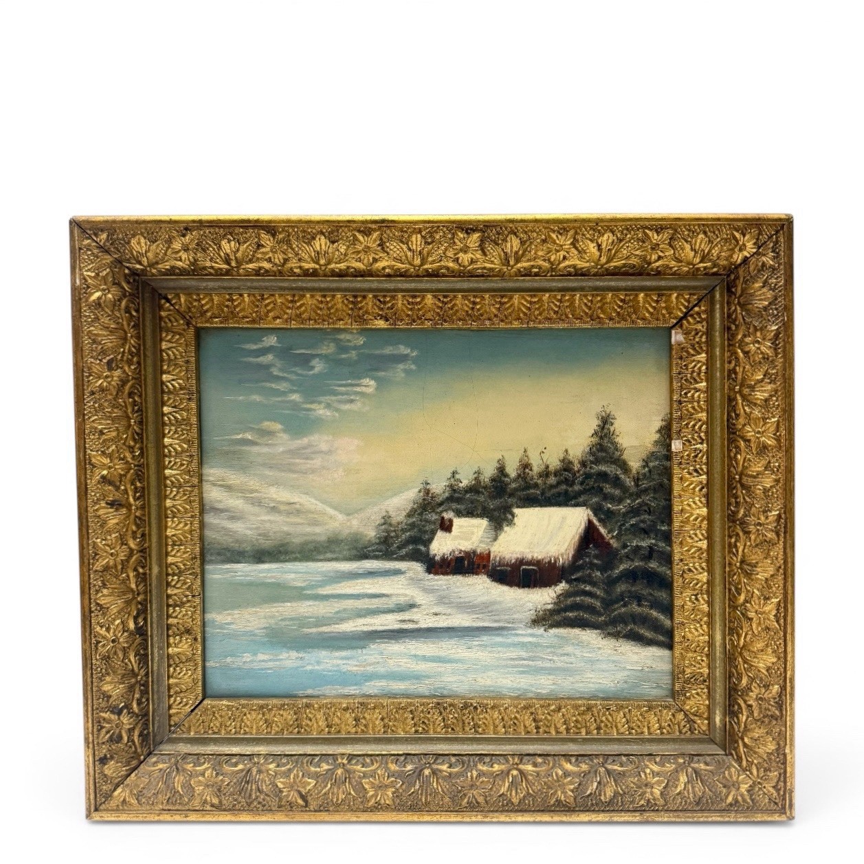 Vintage Original Winter Scene Landscape Red Cabin Painting Framed 8×10 in.
