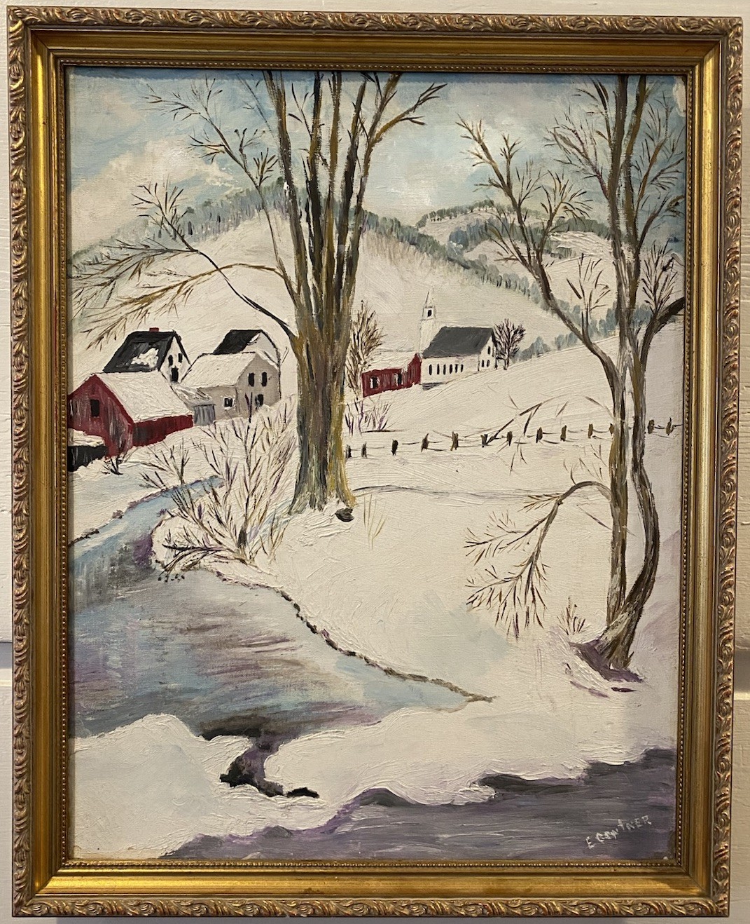 Signed Winter Landscape Oil Painting Rural Farm & Church Snow Scene 20×16