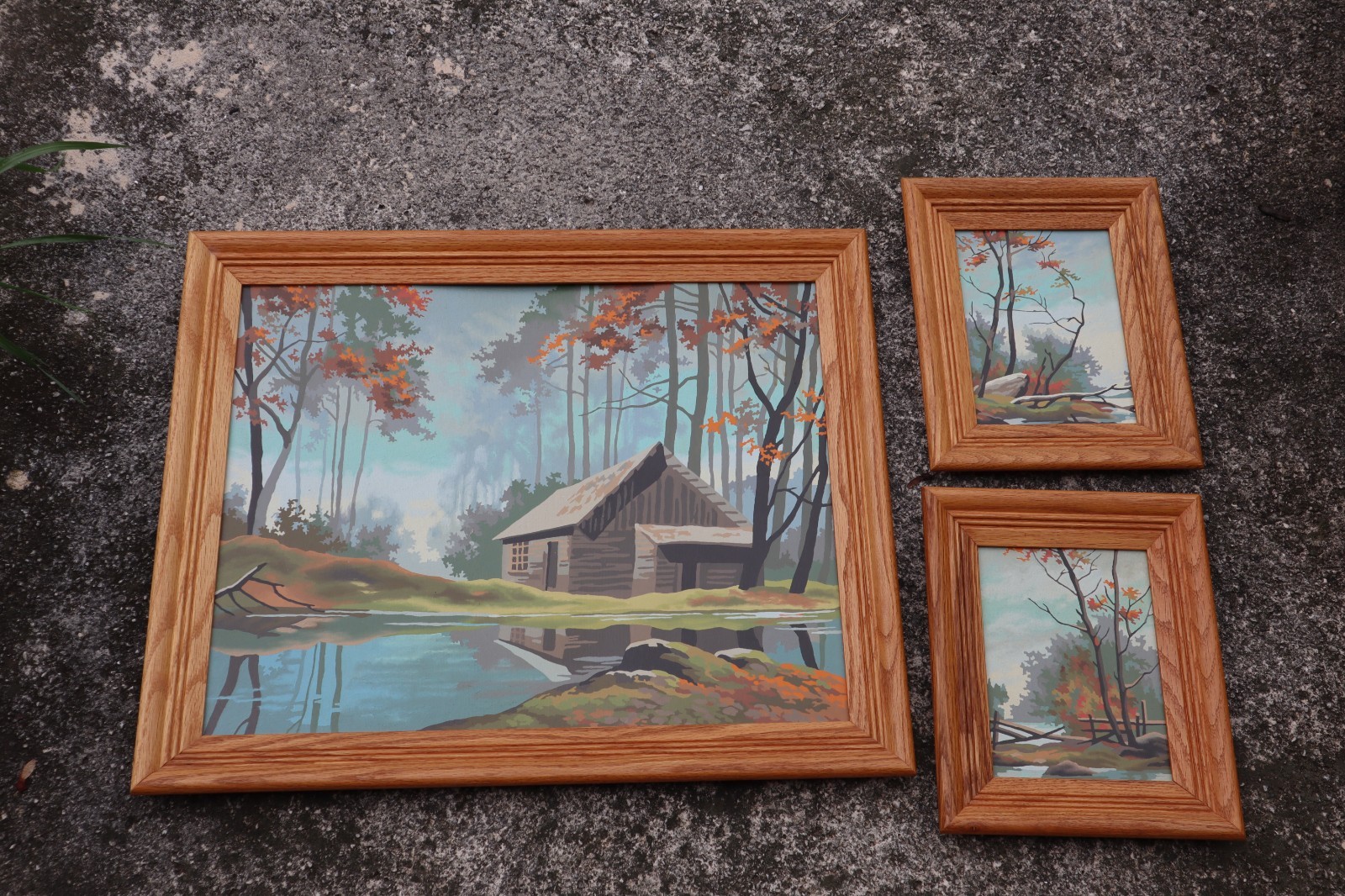 VTG LOT OF 3 PAINT BY NUMBER LANDSCAPE Cabin in the Woods 19×23 & 9×11″
