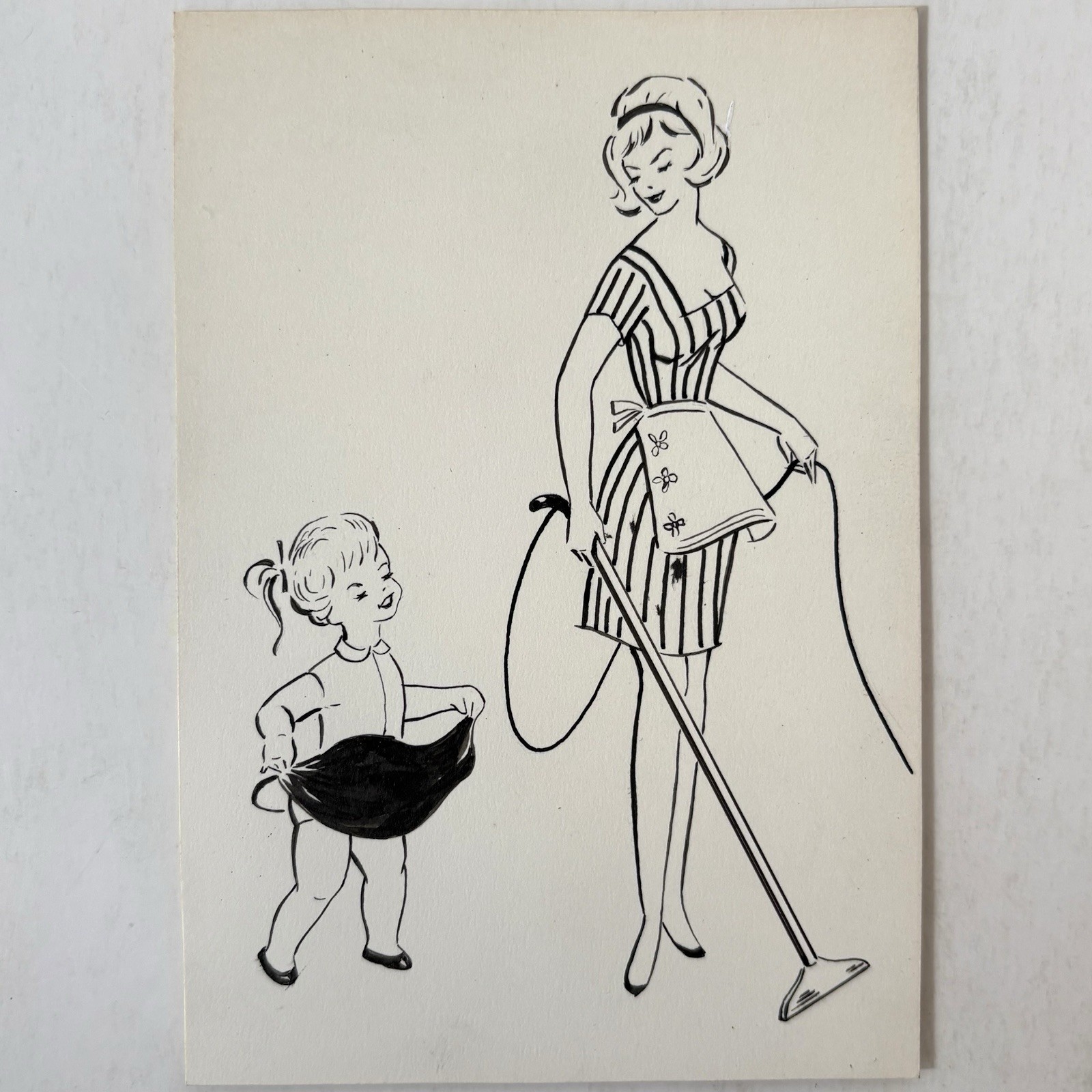 Vintage 1950’s Vacuum Cleaning Mother Daughter Concept Art Original Hand Drawn
