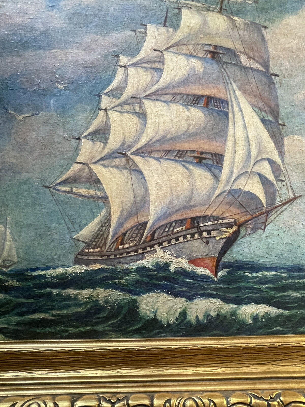 Antique Nautical Painting Seascape American Lighthouse Landscape Coastal Ship