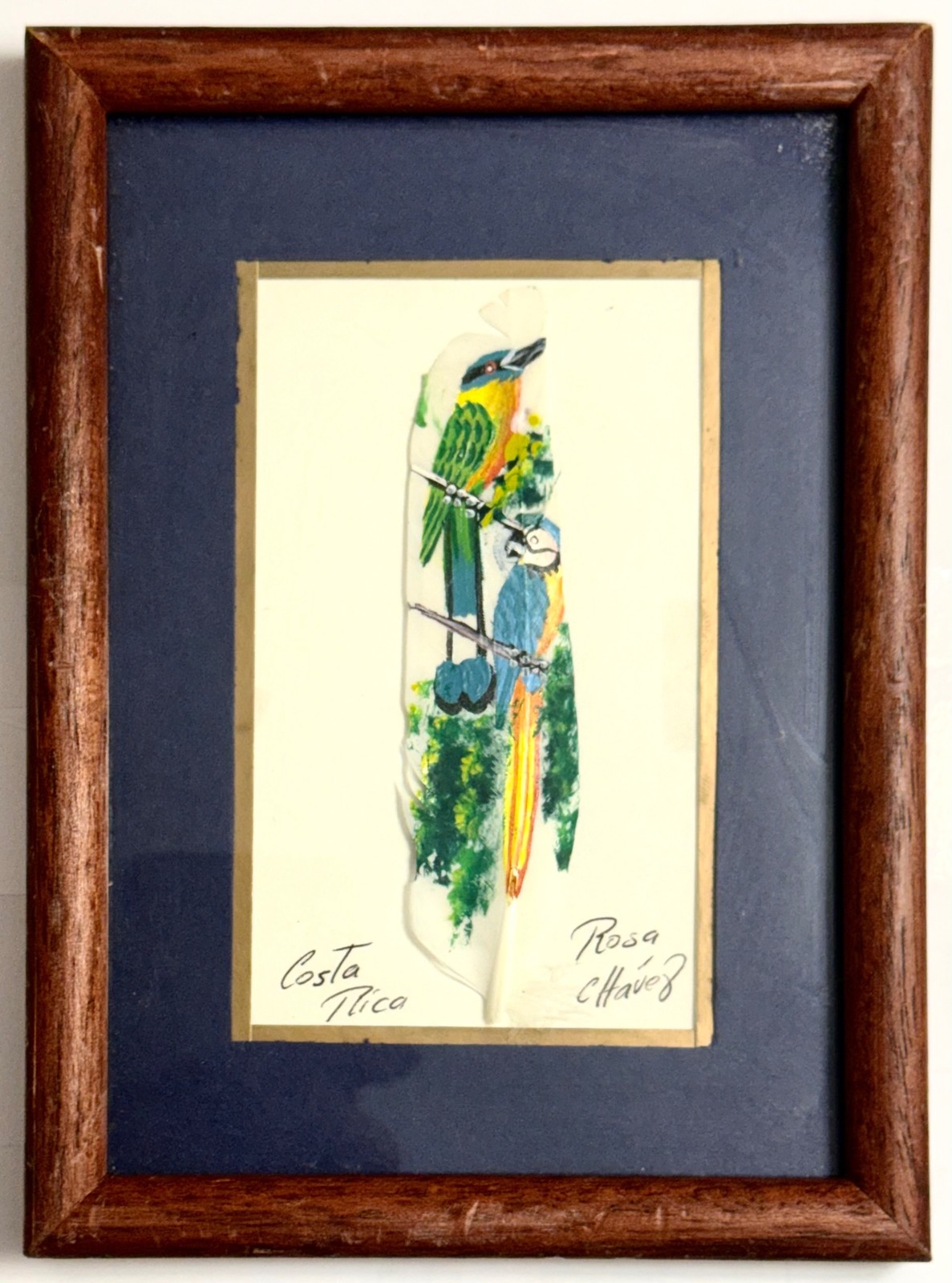 UNIQUE FRAMED FEATHER ART «BIRDS» by Rosa Chavez of Costa Rica 7 5/8 by 5 5/8″