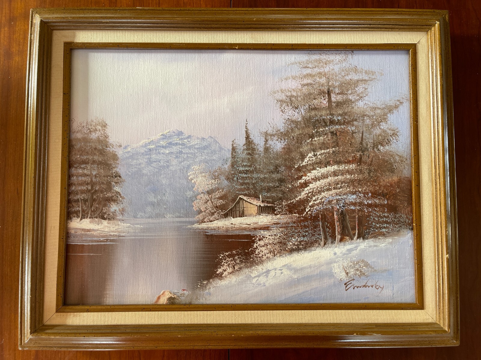 Lovely Original Oil Painting Winter Mountain Cottage Scene Lake Cabin Mountains