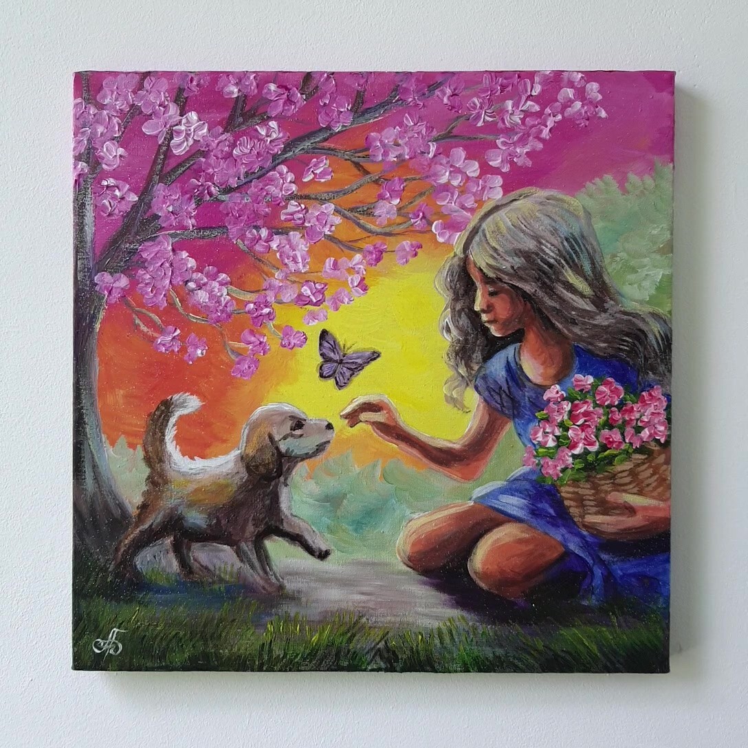 Painting Spring Bloom Puppy Signed Wall Art Decor Gift Original Ukrainian Artist