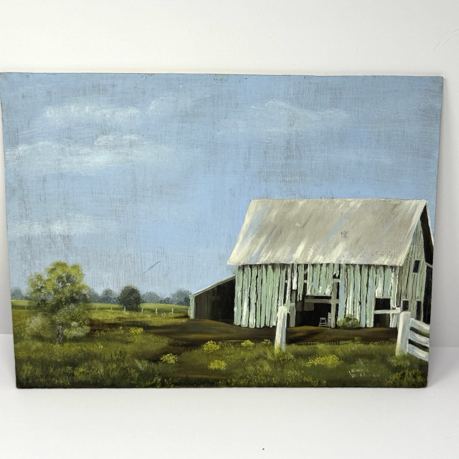 Vintage Oil Painting On Board Country Barn Landscape Signed 12” X 16” OOAK