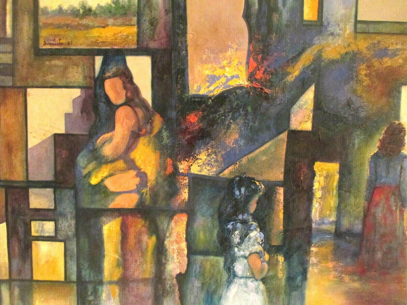 VINTAGE FIGURAL ABSTRACT GEOMETRIC SHAPES OIL PAINTING SIGNED