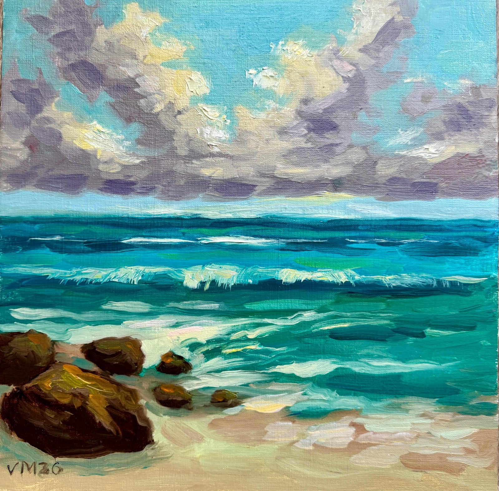 Beach Original Oil Painting Sea Clouds Signed Nature Art VICTORIA MAC 12×12″