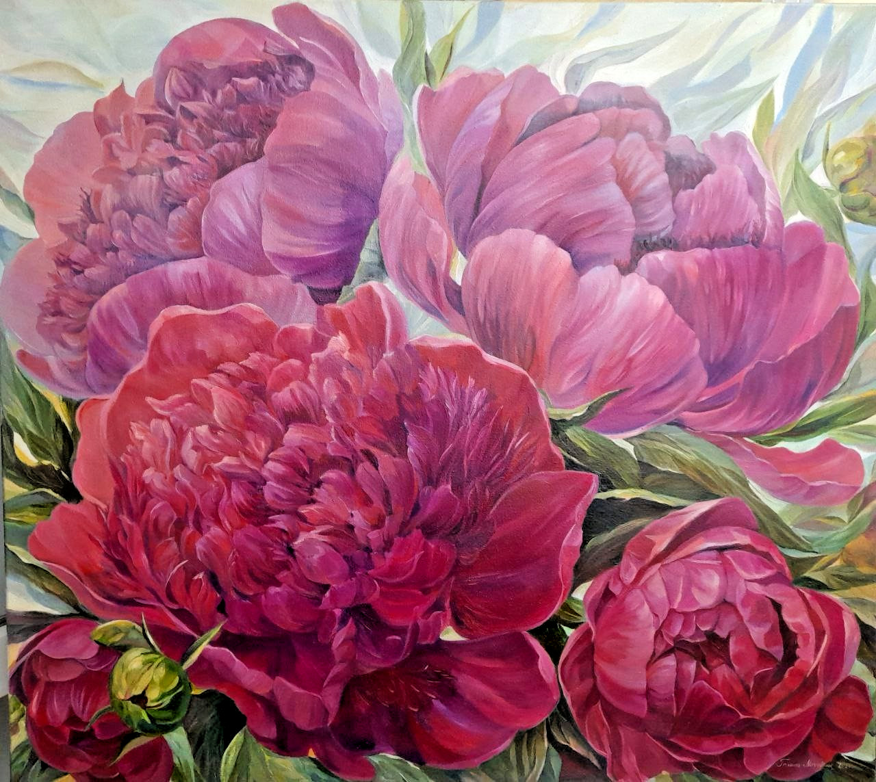 art 374 original painting 85×95 cm oil on canvas flowers peonies