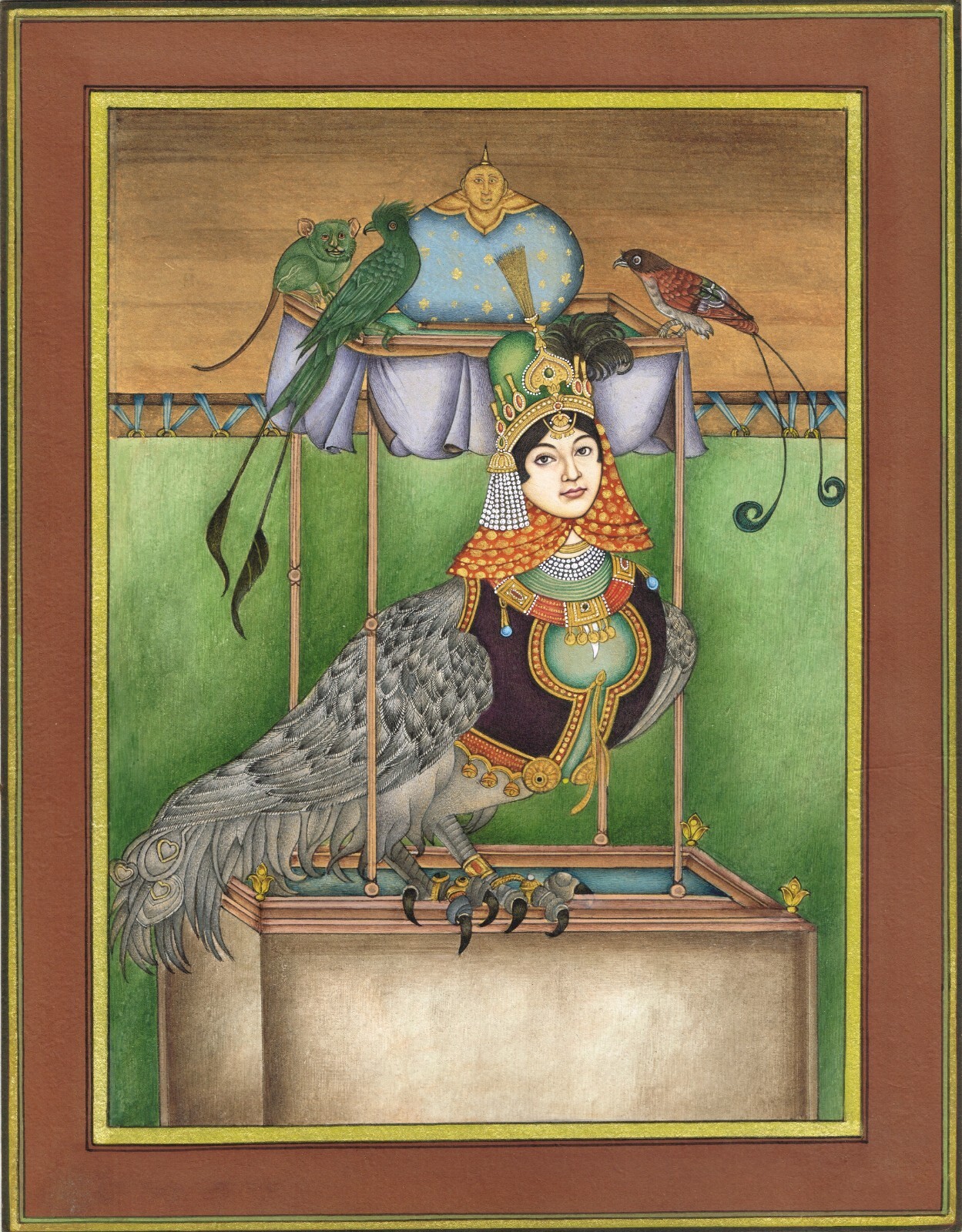 Persian Miniature Painting Of Birds With Woman Face On Paper 10.5×13.5 Inches