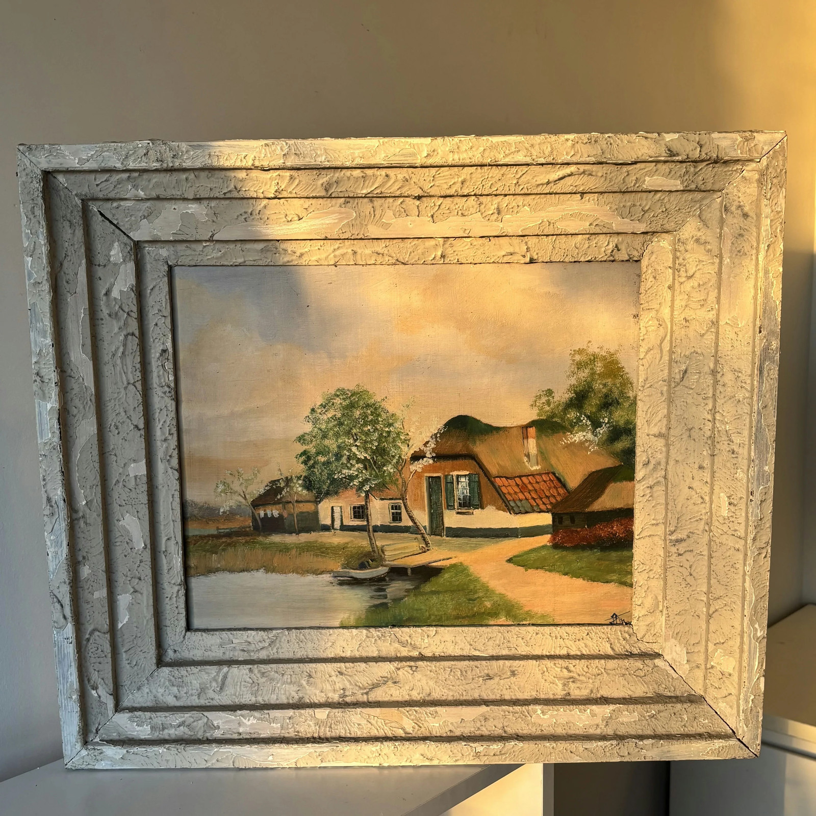 Antique Oil Painting «Thatched Roof Cottage» Marvelous Medium Art