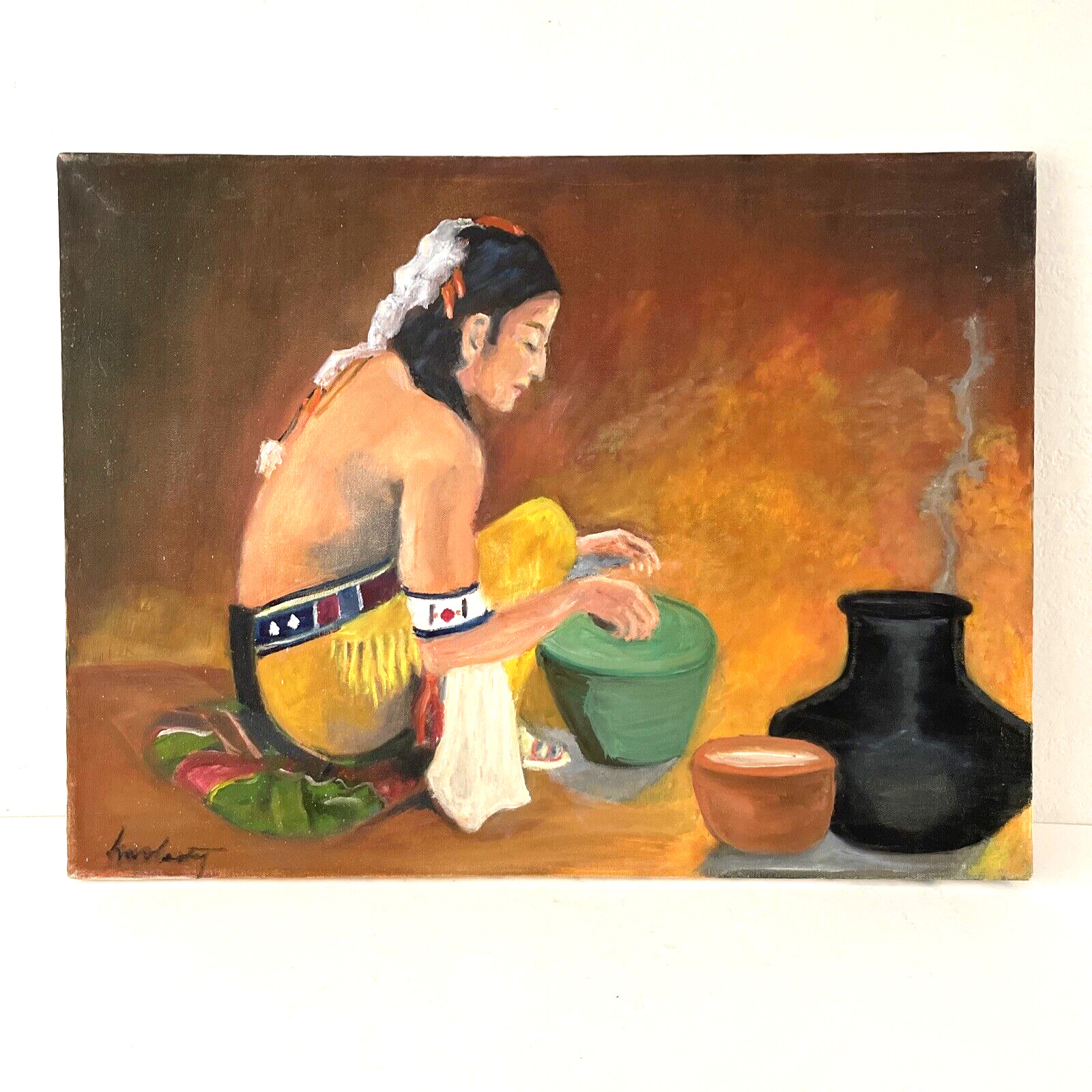 Vintage Impressionist Painting 24×18″ Native American Figural w Pottery signed