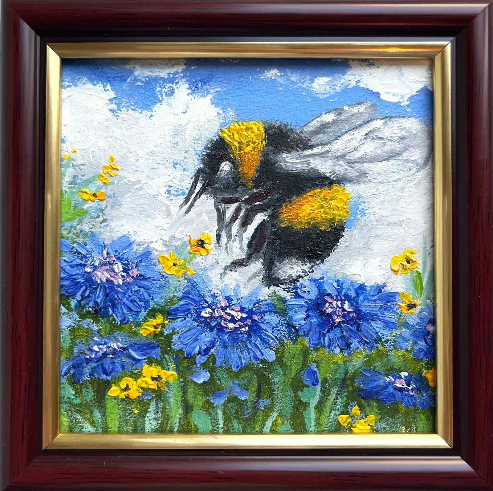 Original Oil Painting Landscape Bumblebee on Wildflowers Wall Art 4 x 4 in