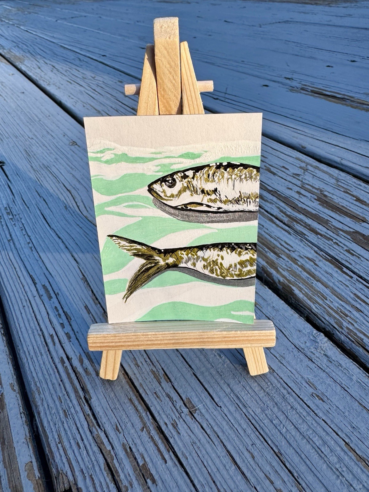 ACEO Original Metallic Fish Acrylic Miniature Collectible Art Card 2.5×3.5