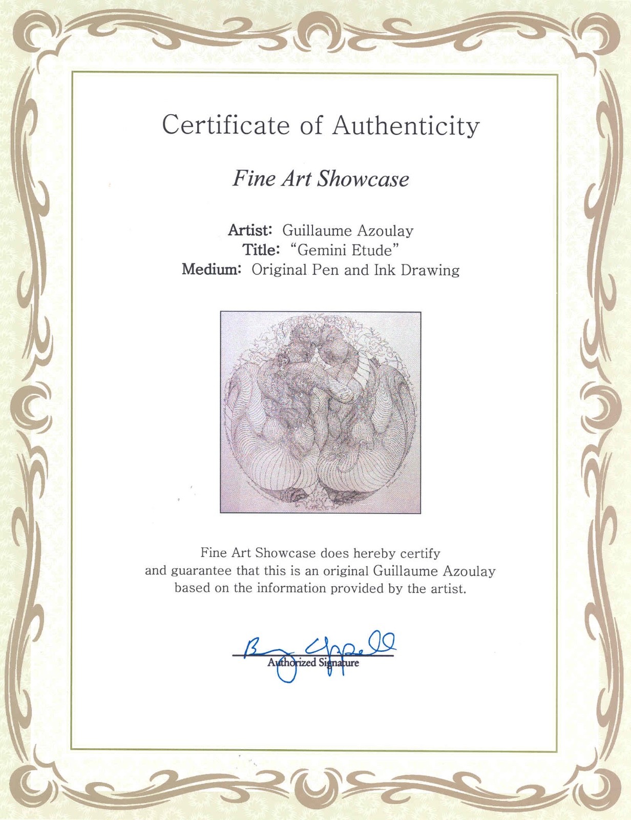 Azoulay, “Gemini” Original Ink and Pen Drawing 31X31 in Custom Frame