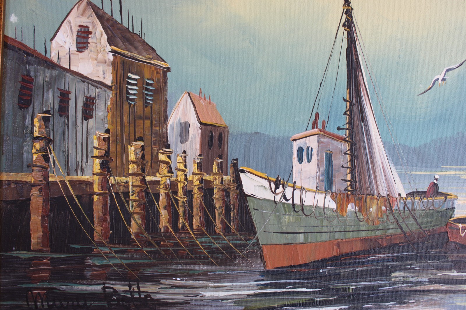 MARY BOTTO 1913-2002 VINTAGE OIL PAINTING CARDBOARD SIGNED HARBOR BOAT PORT PIER