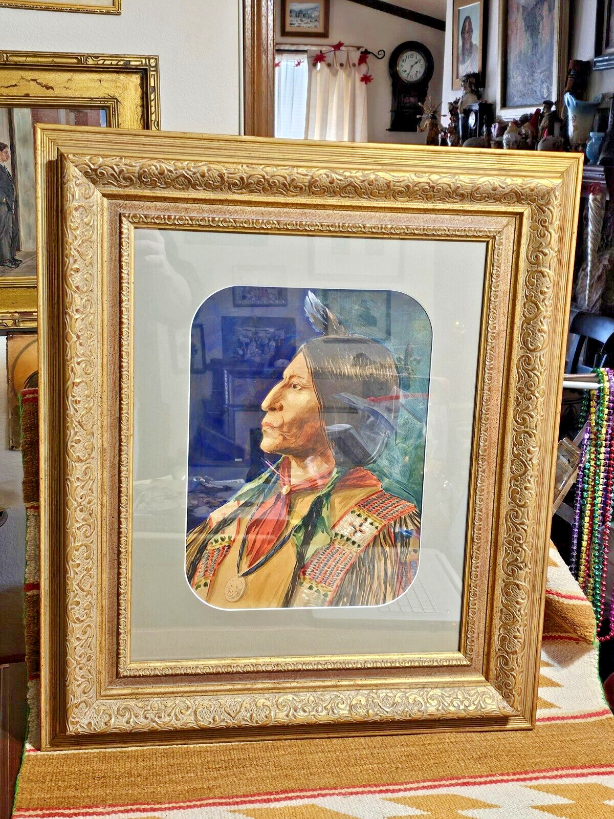 RARE 1881 WATERCOLOR PAINTING SOUTHERN CHEYENNE INDIAN CHIEF WOLF ROBE by C.W.R.