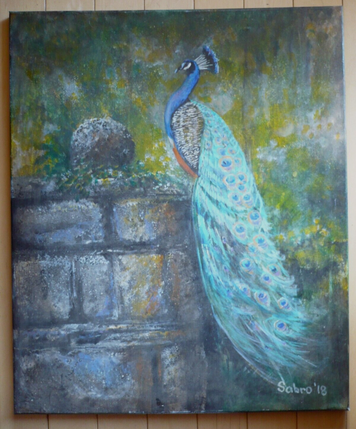 SABRO FOSTER, LUMINOUS PEACOCK BIRDS BEAUTIFUL FEATHERS OIL PAINTING MODERNISM