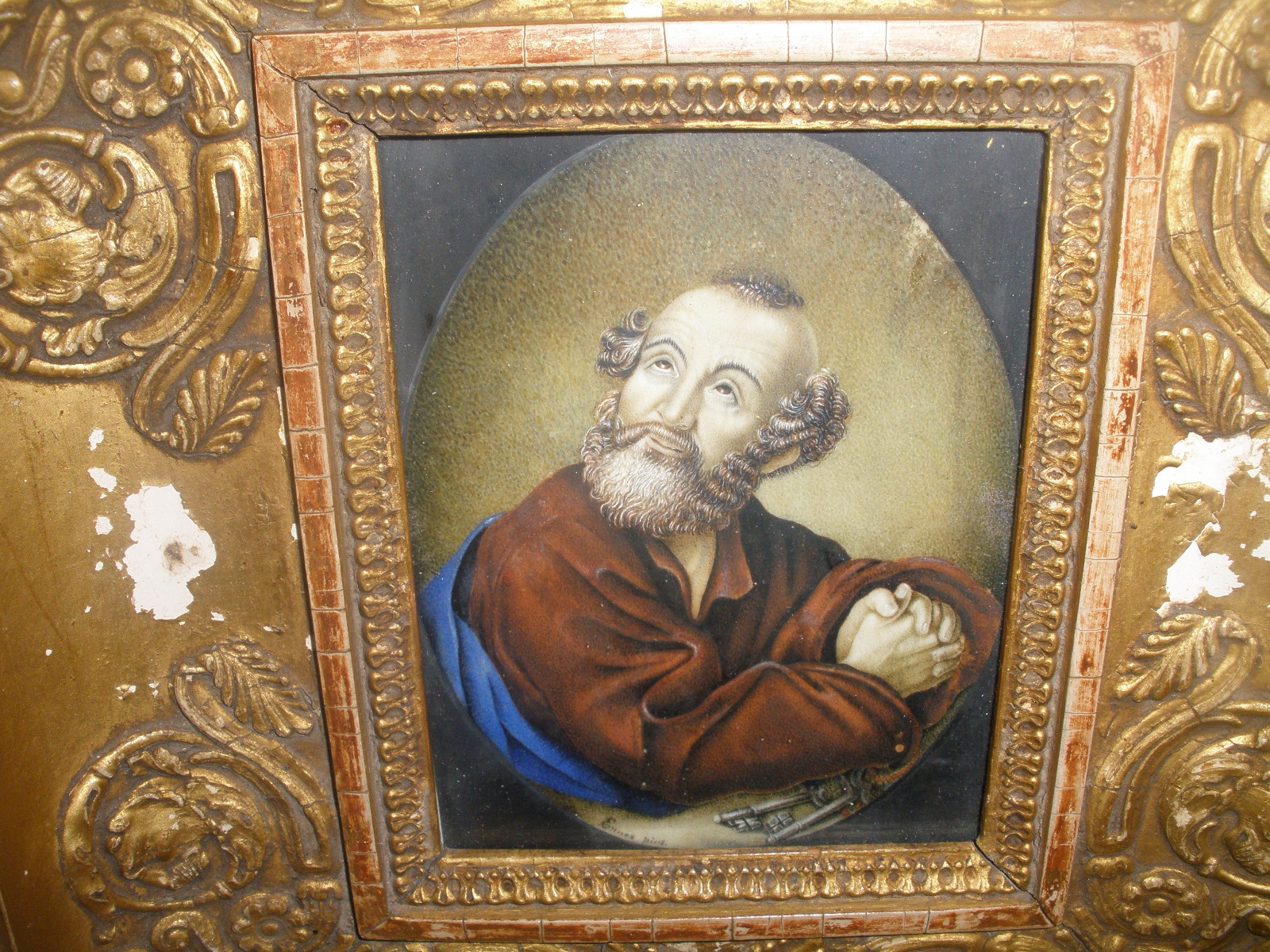 Fine Antique 1800`s Italian miniature Saint Peter portrait painting signed