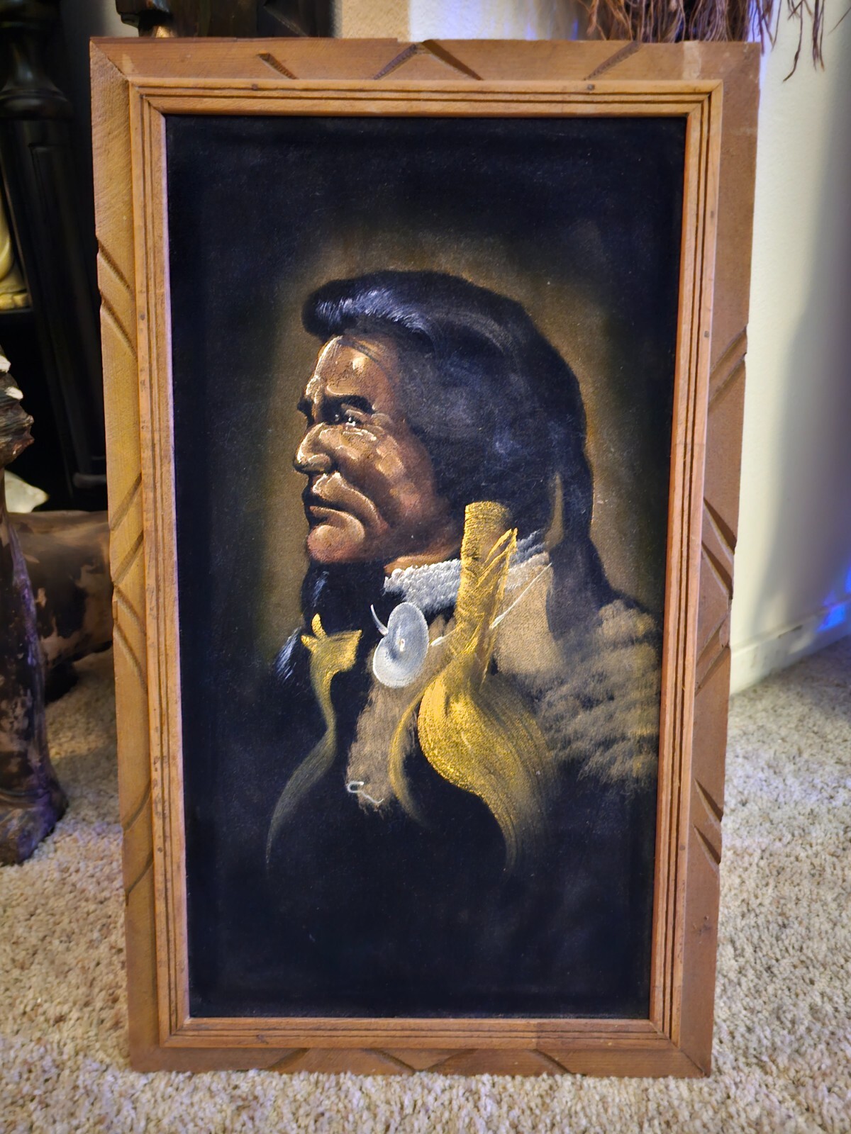 Vintage Mid Century Indian Chief Native American Velvet Painting 13½» x 22½»