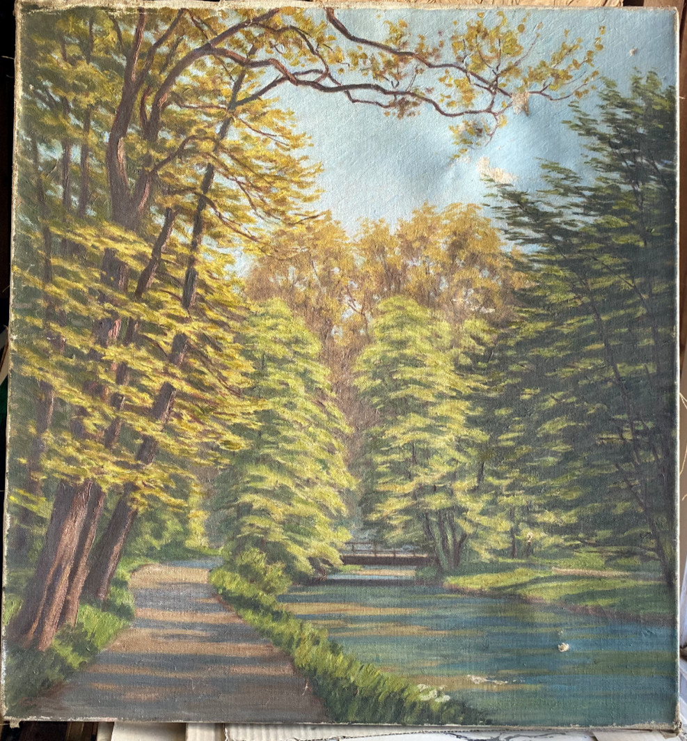 Oil painting trees city park with bridge autumn °ILLEGIBLE signed antique garden