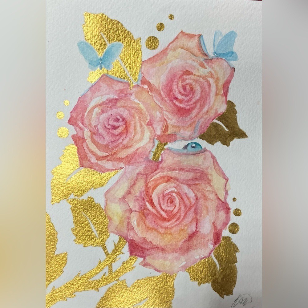 Original Roses painting floral art gold accents butterfly ladybug Surrealism