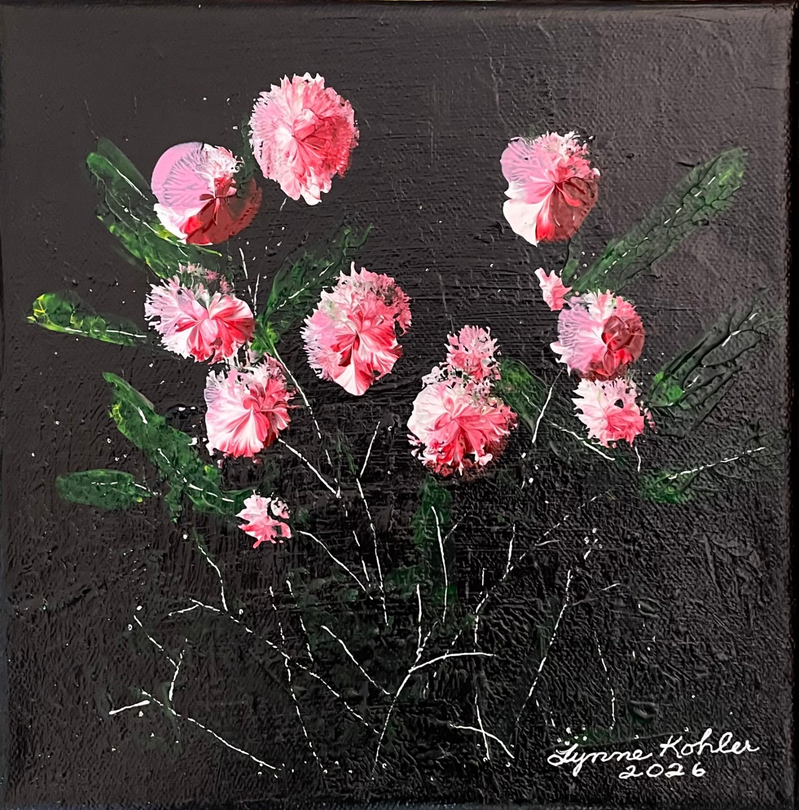 Original painting 8×8″ pink Carnations flowers textured canvas by Lynne Kohler