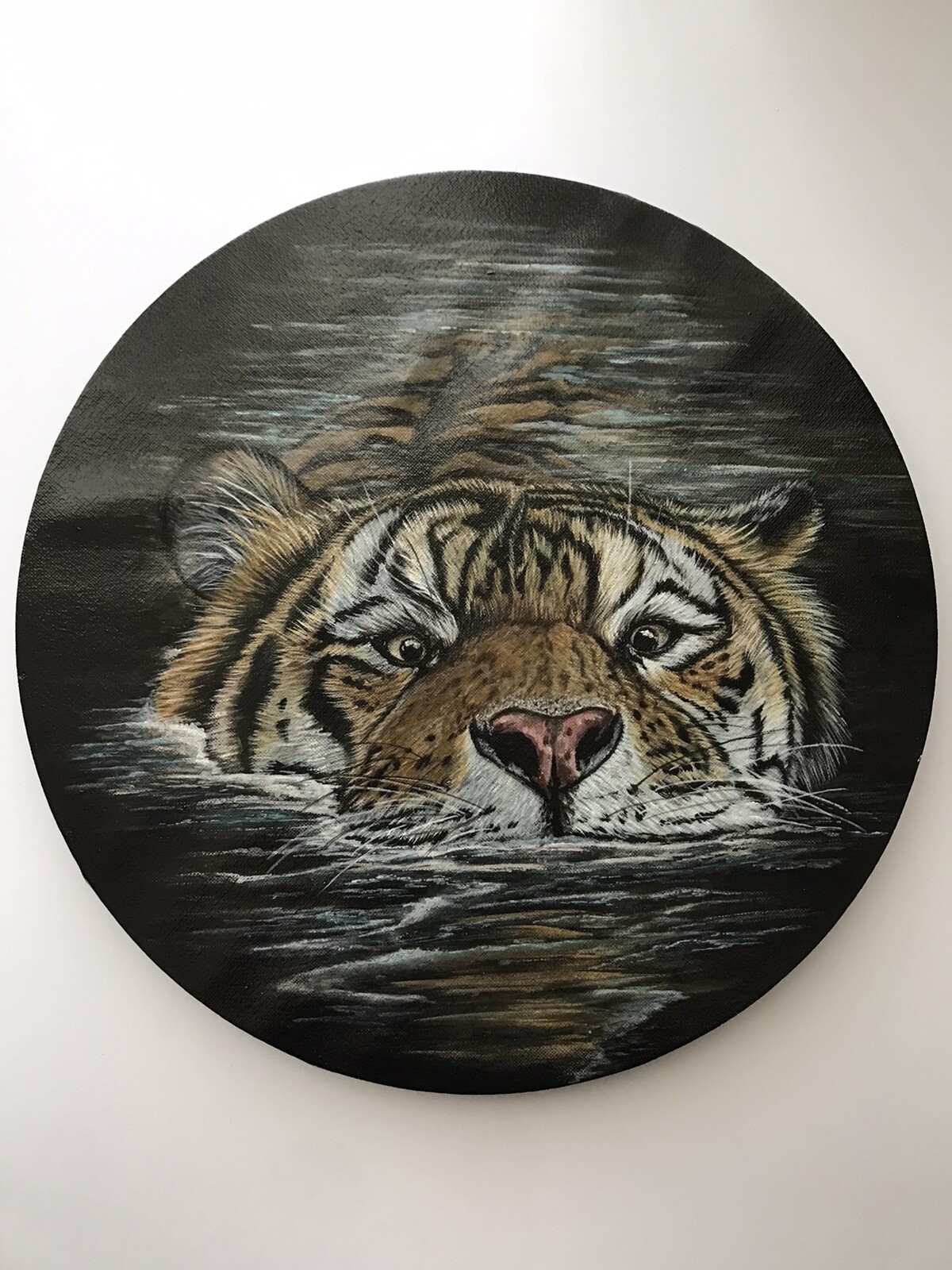 Tiger Painting on 12″ round canvas – repurposed canvas – please read description