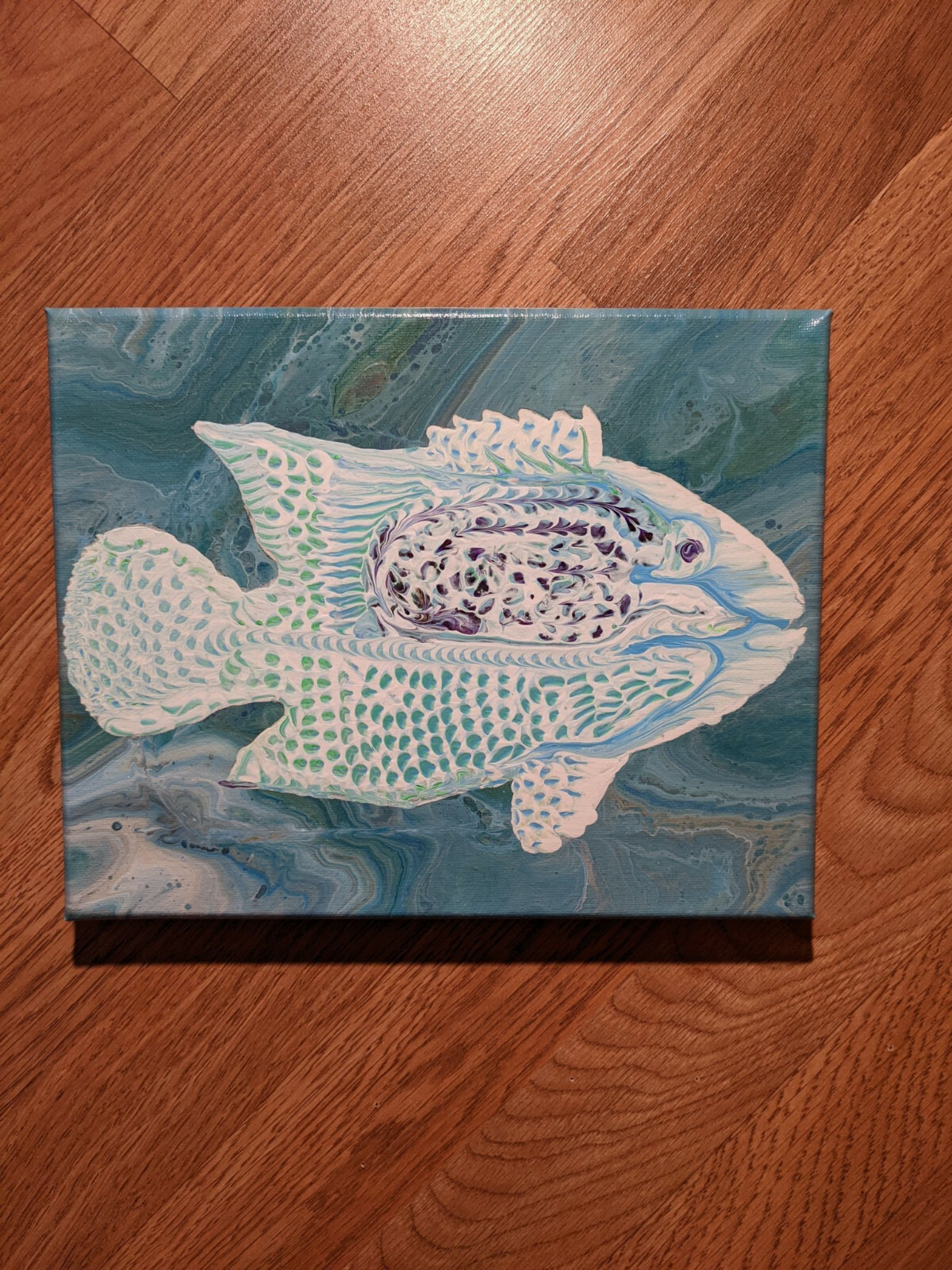 Original Acrylic Fluid Pour Painting of Fish, Title White Damsel, 8×10 Canvas