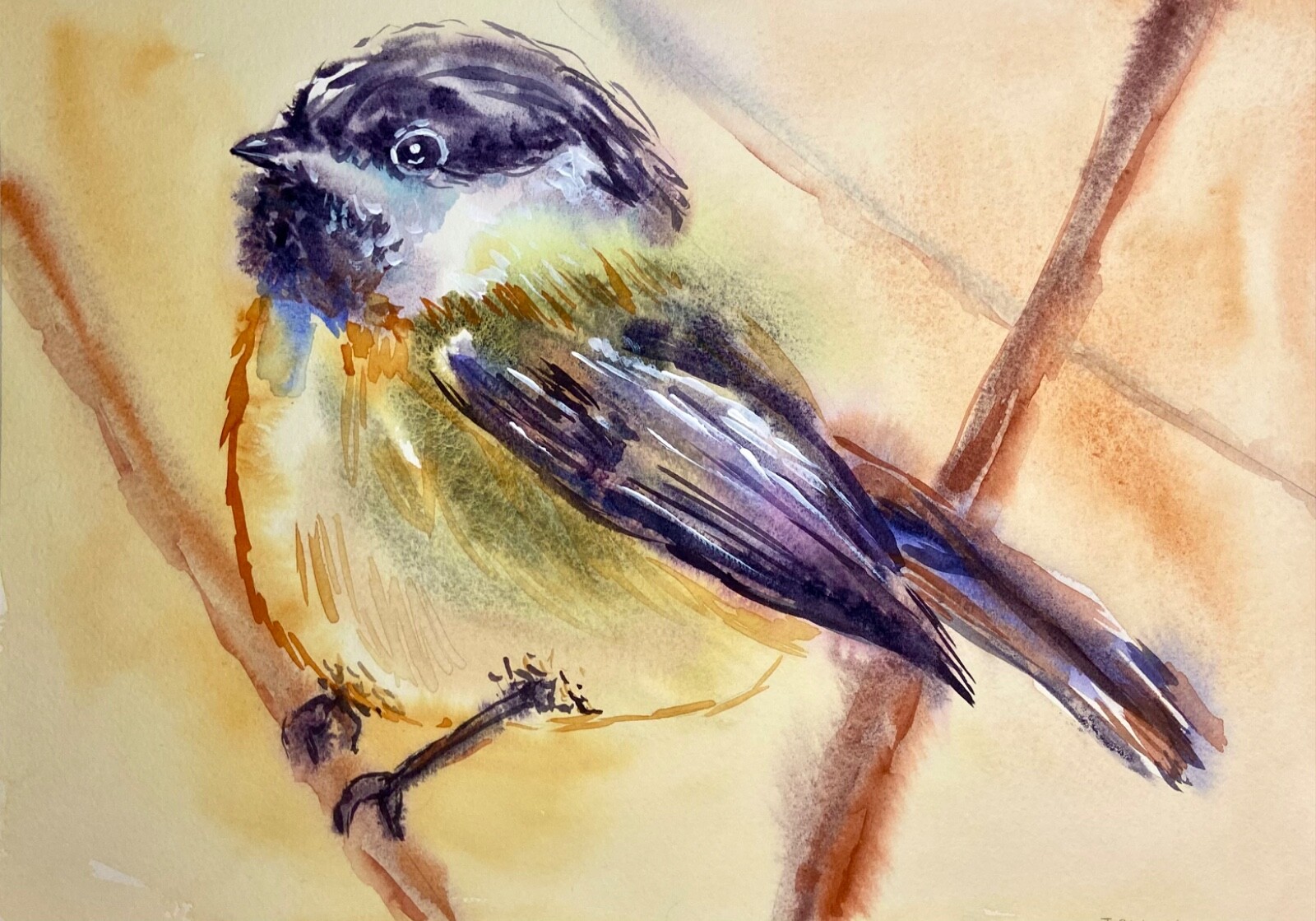 ORIGINAL Art watercolor painting Chickadee wall art Bird artwork 10.25×14.25”