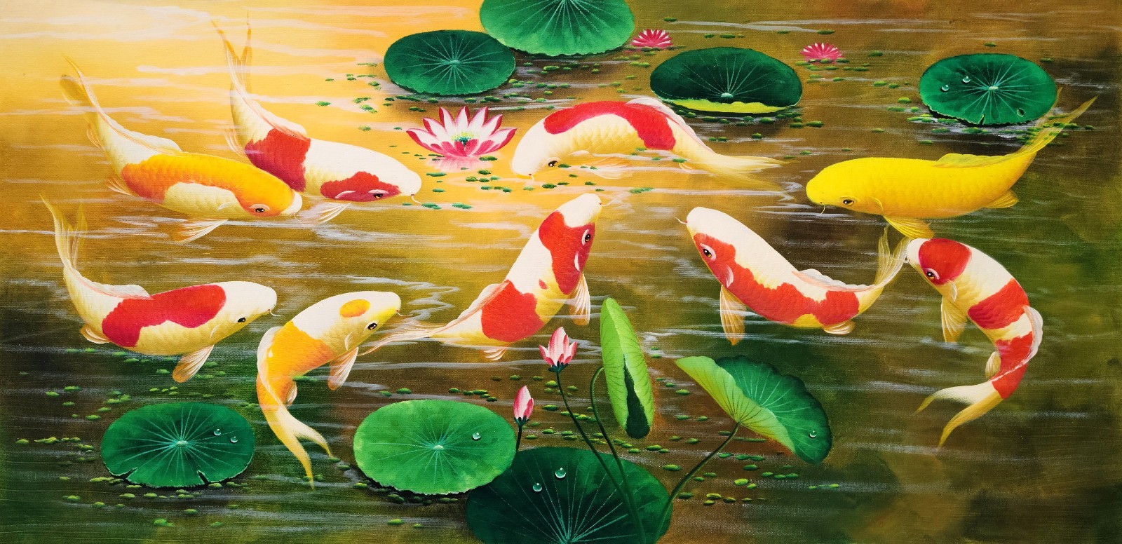 Fishes in the Pond, #BJF1 – 24×48,100% Hand Painted Oil Painting on Canvas