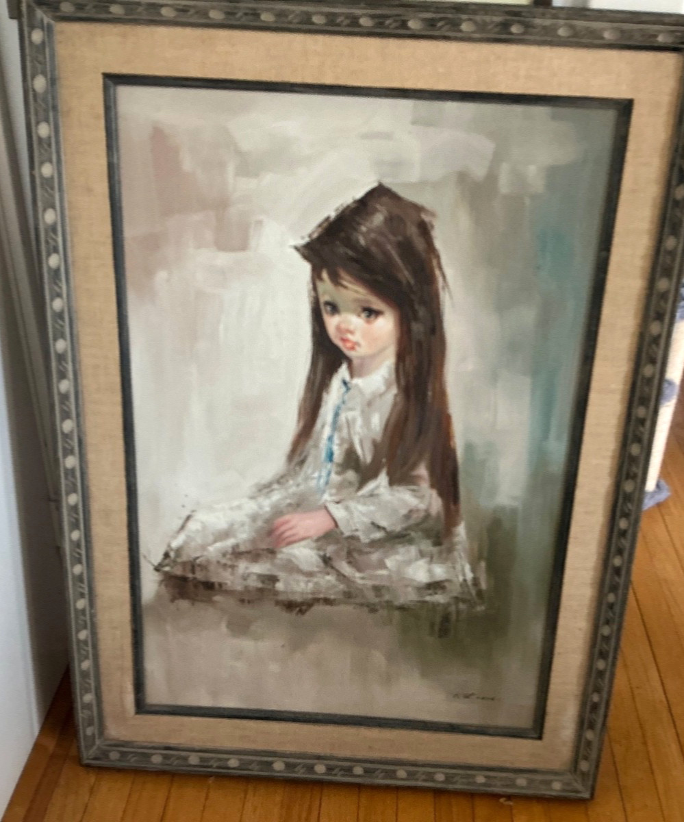 VNTG OIL PAINTING BIG EYED YOUNG GIRL signed C L FONG FRAMED 1970’S var ship op