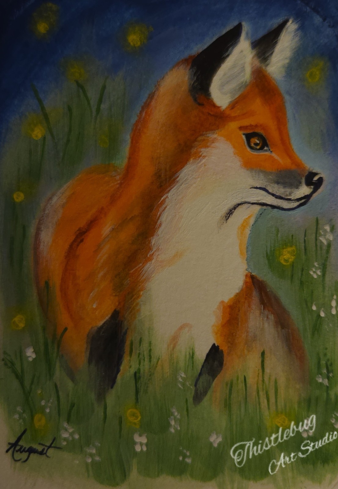 ACEO Fox Fireflies Nature Wildlife Miniature Acrylic Painting Signed Art Card