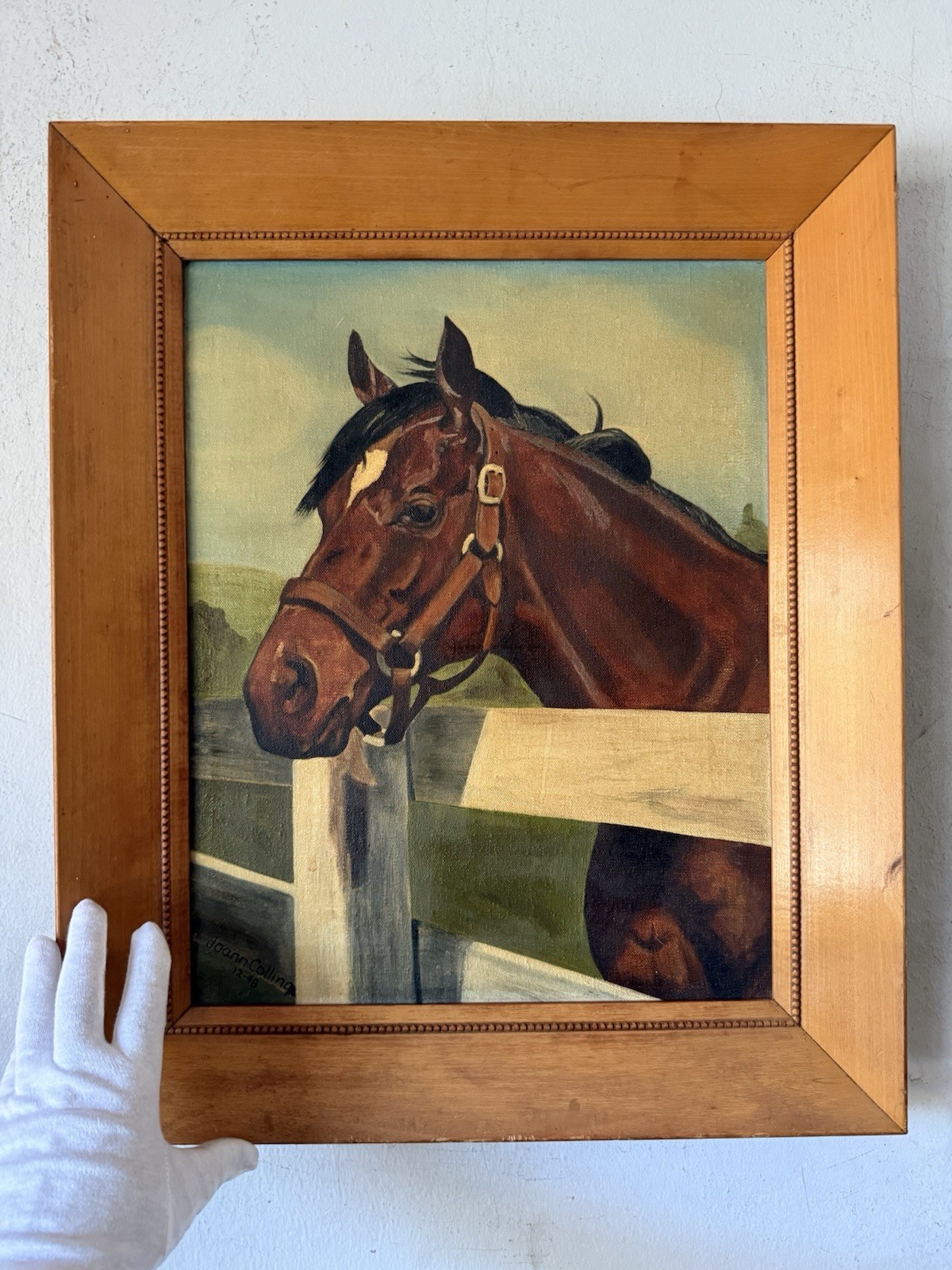 JOANN COLLING ANTIQUE EQUESTRIAN HORSE OIL PAINTING OLD VINTAGE WESTERN 1948