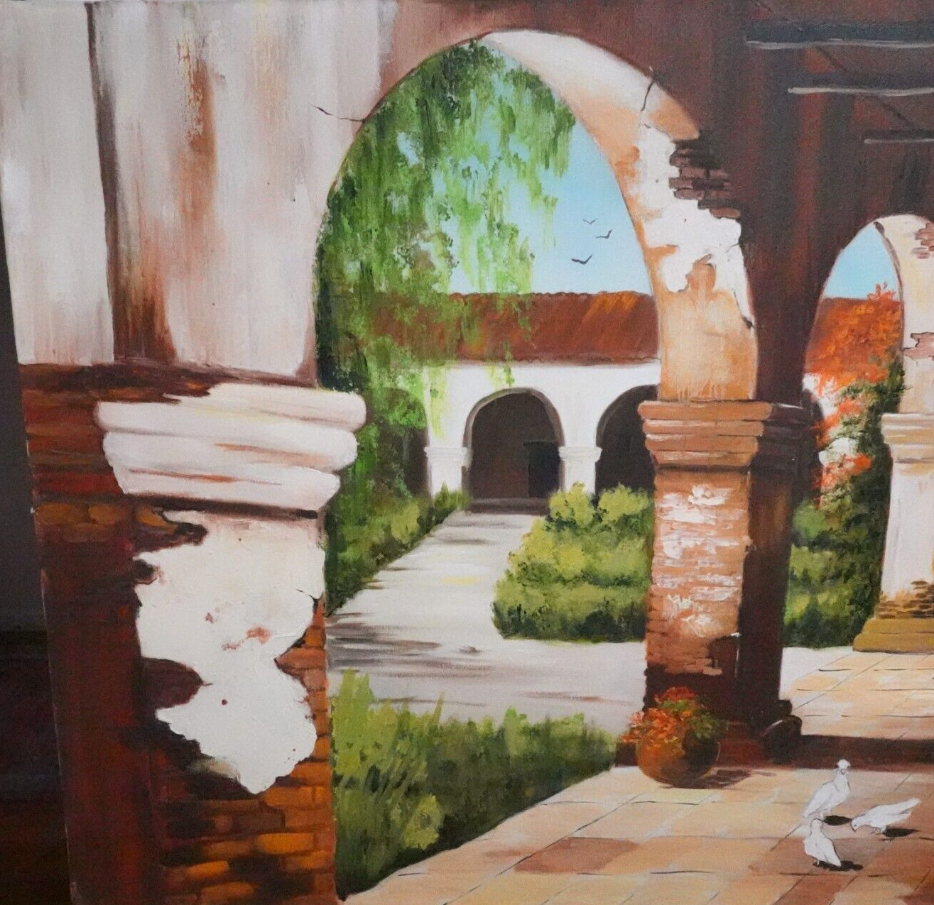 JOHN CUNNINGHAM CALIFORINIA MISSION WHITE DOVES OIL ON CANVAS PAINTING UNFRAMED