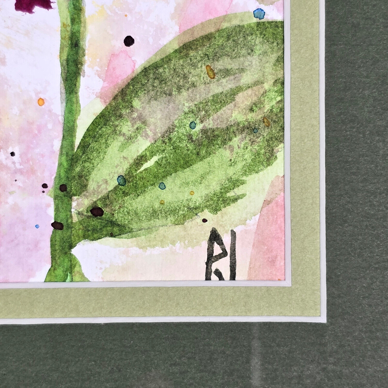 Matted & Framed Original Floral Watercolor, «Garden Flowers», by PJ, Yellow, Red
