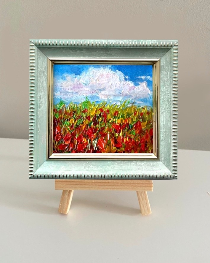 Original Oil Painting Poppy Field Summer Landscape Mini Art 2.5×3 in Signed