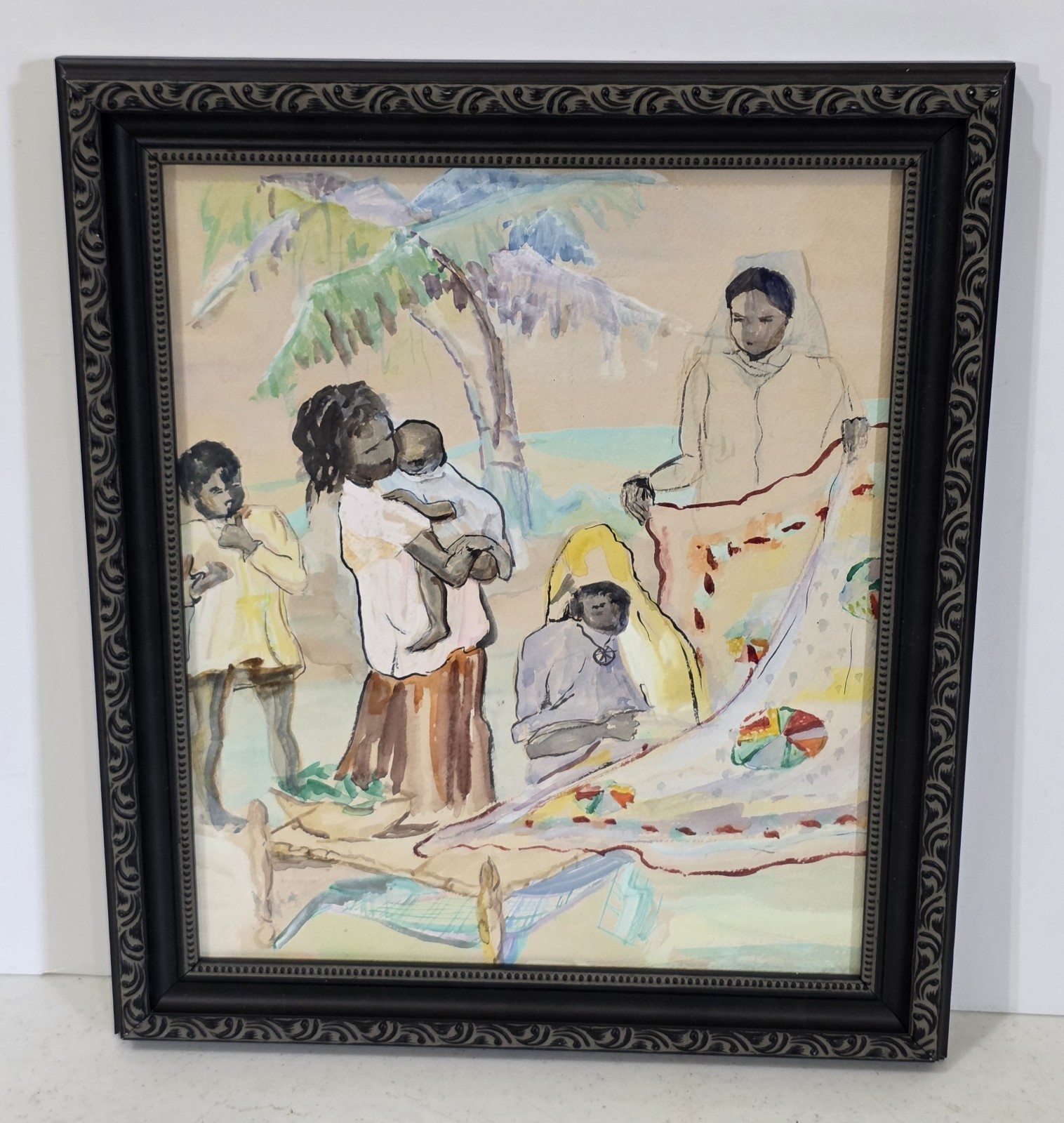 Vintage African Tribe Original Watercolor Painting Framed 12″x14″